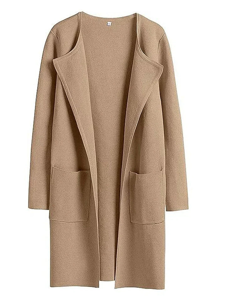 Women’s Knee-Length Coat - Wool Blend - Relaxed Fit - Wide Lapel Minimalist Design