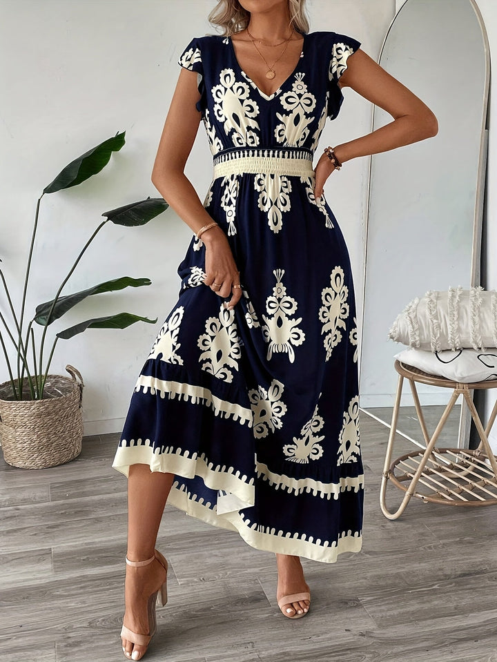 Women's Maxi Dress - V-Neck - Cap Sleeve - Smocked Waist - Flowing Elegant Fit