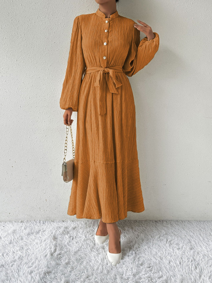 Women's Maxi Dress - Pleated Texture - Long Sleeve High Neck - Waist Tie Elegant Fit