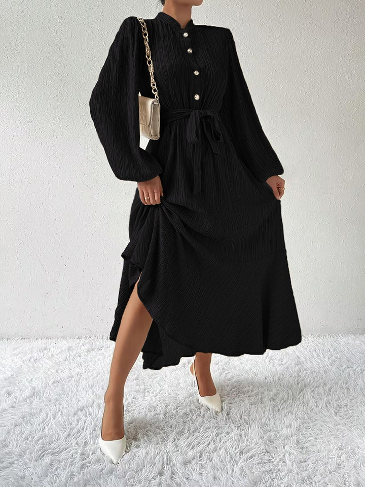 Women's Maxi Dress - Pleated Texture - Long Sleeve High Neck - Waist Tie Elegant Fit
