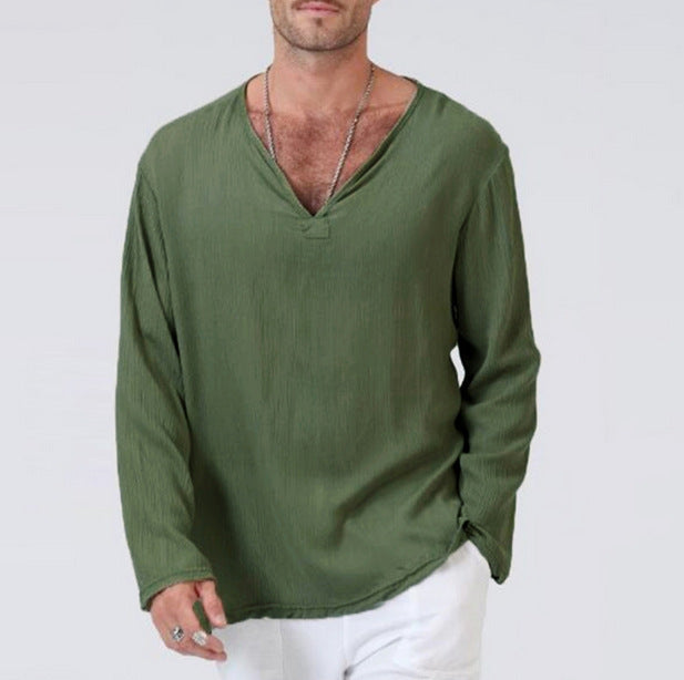Men’s Long Sleeve Shirt - Lightweight Cotton Blend - Relaxed Fit - V-Neck Casual Style