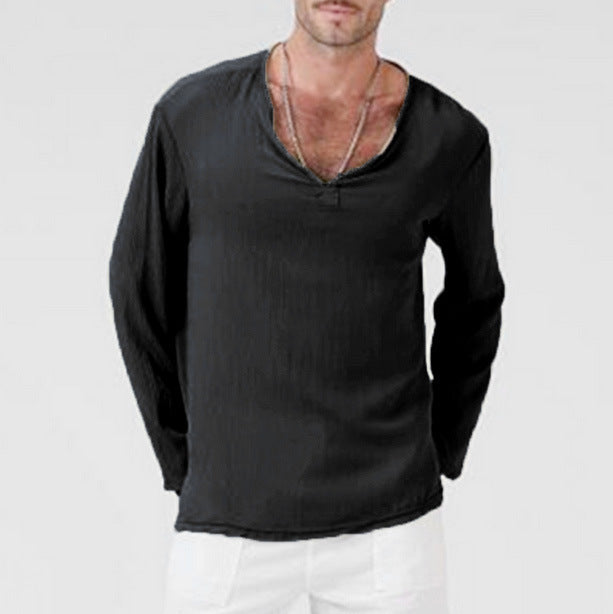 Men’s Long Sleeve Shirt - Lightweight Cotton Blend - Relaxed Fit - V-Neck Casual Style