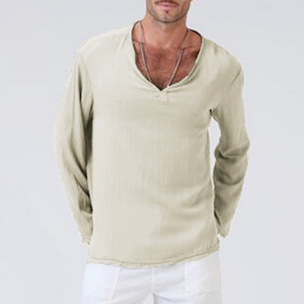 Men’s Long Sleeve Shirt - Lightweight Cotton Blend - Relaxed Fit - V-Neck Casual Style
