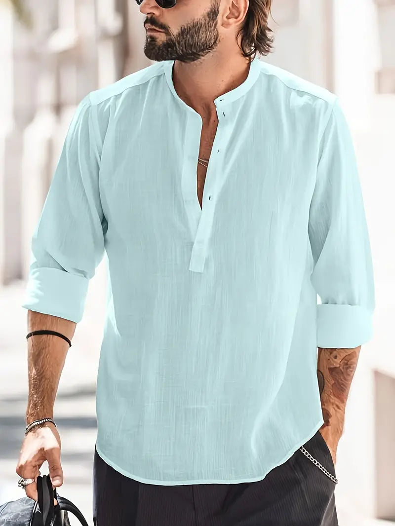 Men’s Long Sleeve Shirt - Relaxed Fit - Breathable Blend - Mandarin Collar Casual Style