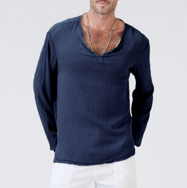 Men’s Long Sleeve Shirt - Lightweight Cotton Blend - Relaxed Fit - V-Neck Casual Style