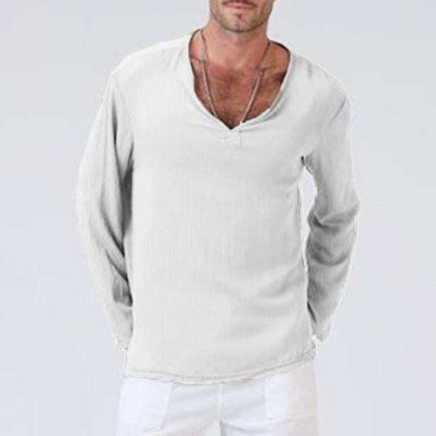 Men’s Long Sleeve Shirt - Lightweight Cotton Blend - Relaxed Fit - V-Neck Casual Style