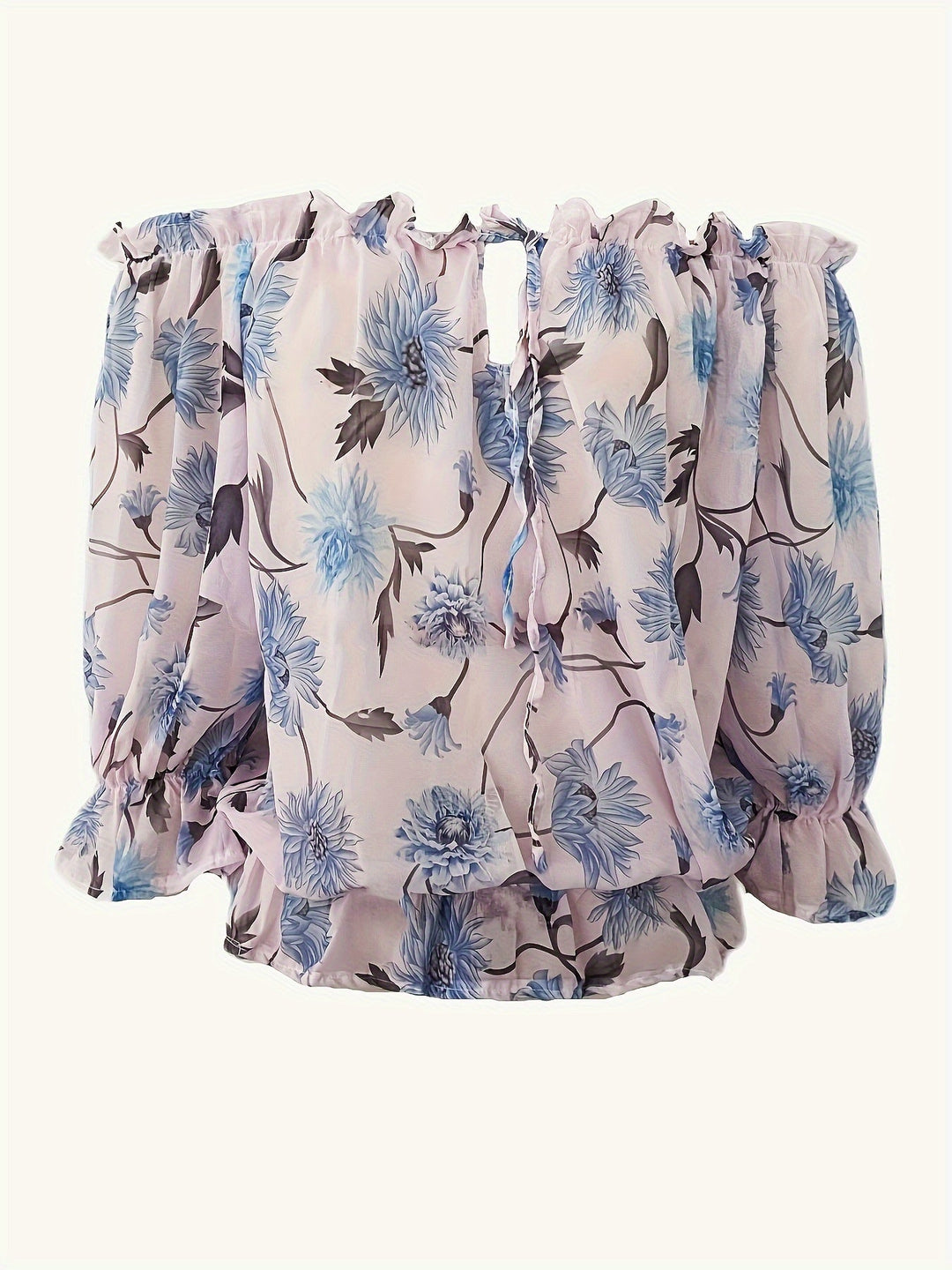 Women’s Off-Shoulder Blouse – Floral Print – Long Puff Sleeve – Tie Front – Casual Fit