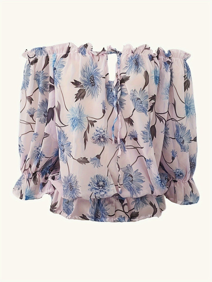 Women’s Off-Shoulder Blouse – Floral Print – Long Puff Sleeve – Tie Front – Casual Fit