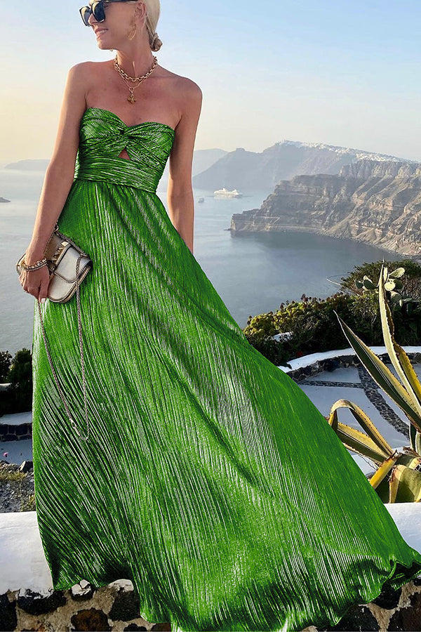 Women’s Evening Gown - Strapless A-Line - Pleated Metallic Finish - Full-Length Elegant Wear