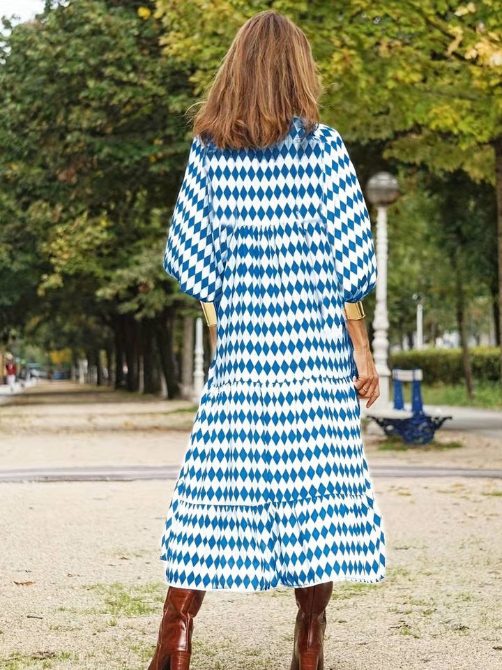 Women's Maxi Dress - Boho Diamond Pattern - V-Neck - Three-Quarter Sleeves - Flowy Fit