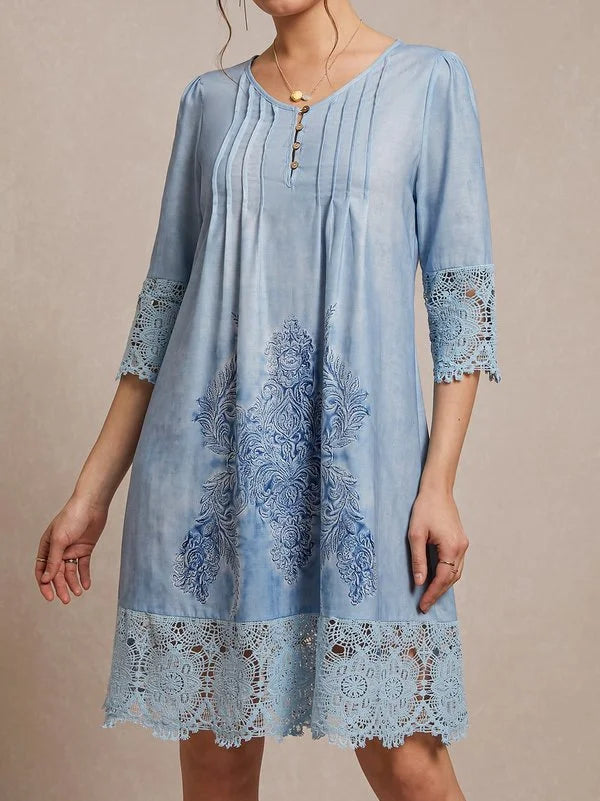 Women's A-Line Dress - V-Neck Button Front - 3/4 Sleeves Lace Detail - Embroidered Hem