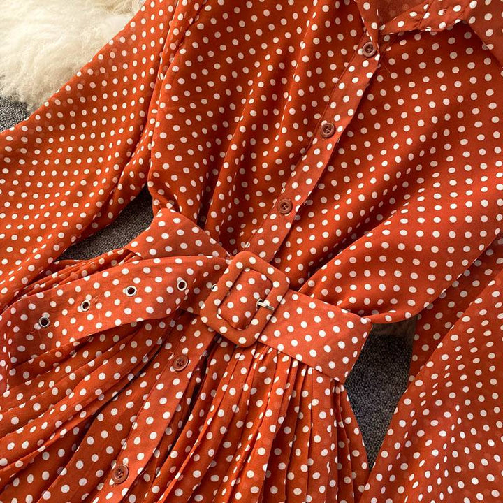 Women's Long Dress - Polka Dot Pattern - Belted Waist - Button-Up - Layered Skirt