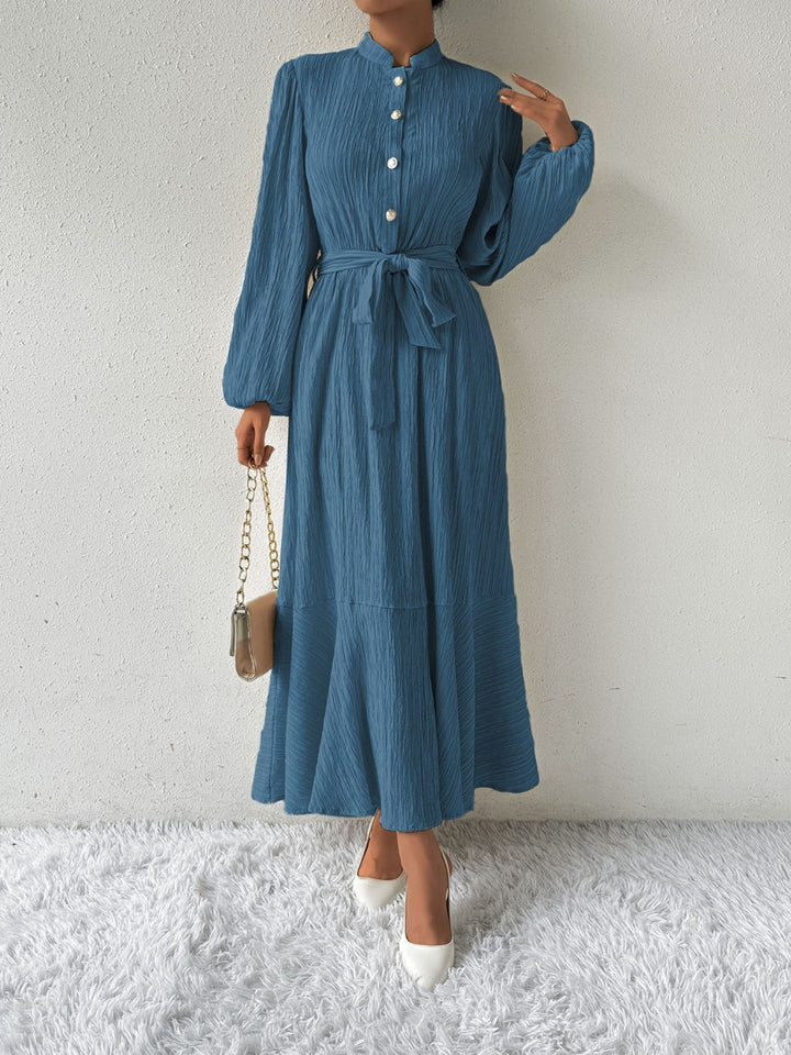 Women's Maxi Dress - Pleated Texture - Long Sleeve High Neck - Waist Tie Elegant Fit