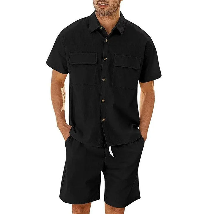 Men’s Shirt and Shorts Set – Relaxed Fit – Breathable Blend – Drawstring Waist – Button-Down