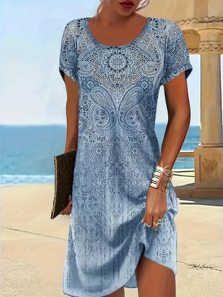 Women’s Midi Dress - Relaxed Fit - Scoop Neck - Short Sleeve - Breathable Blend
