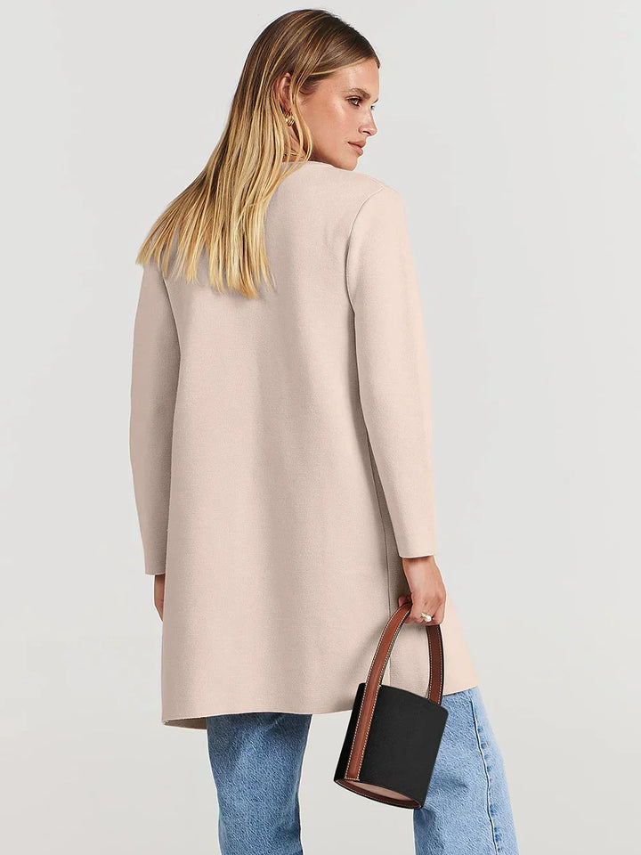 Women’s Knee-Length Coat - Wool Blend - Relaxed Fit - Wide Lapel Minimalist Design