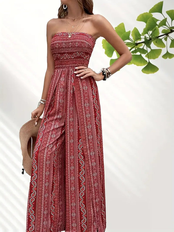 Women's Strapless Jumpsuit - Smocked Bodice - Wide-Leg Bohemian Print - Flowing Fit