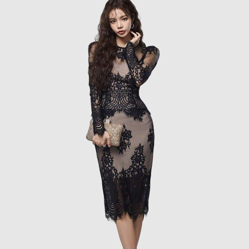 Women's Lace Set- Floral Pattern - Knee-Length Fitted - Sheer Long Sleeve Elegant Wear