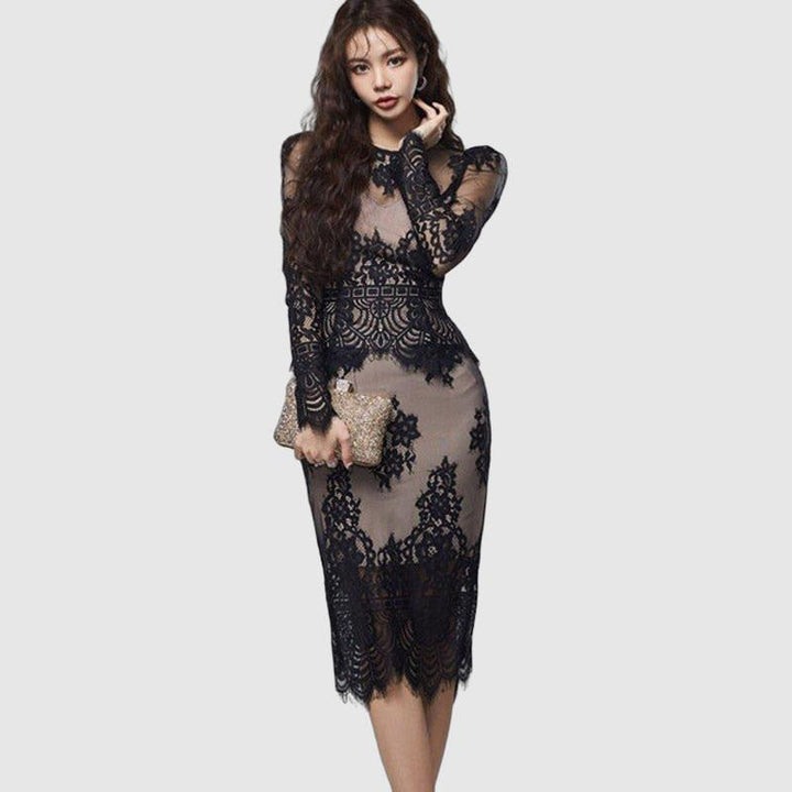 Women's Lace Set- Floral Pattern - Knee-Length Fitted - Sheer Long Sleeve Elegant Wear