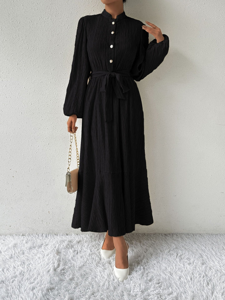 Women's Maxi Dress - Pleated Texture - Long Sleeve High Neck - Waist Tie Elegant Fit