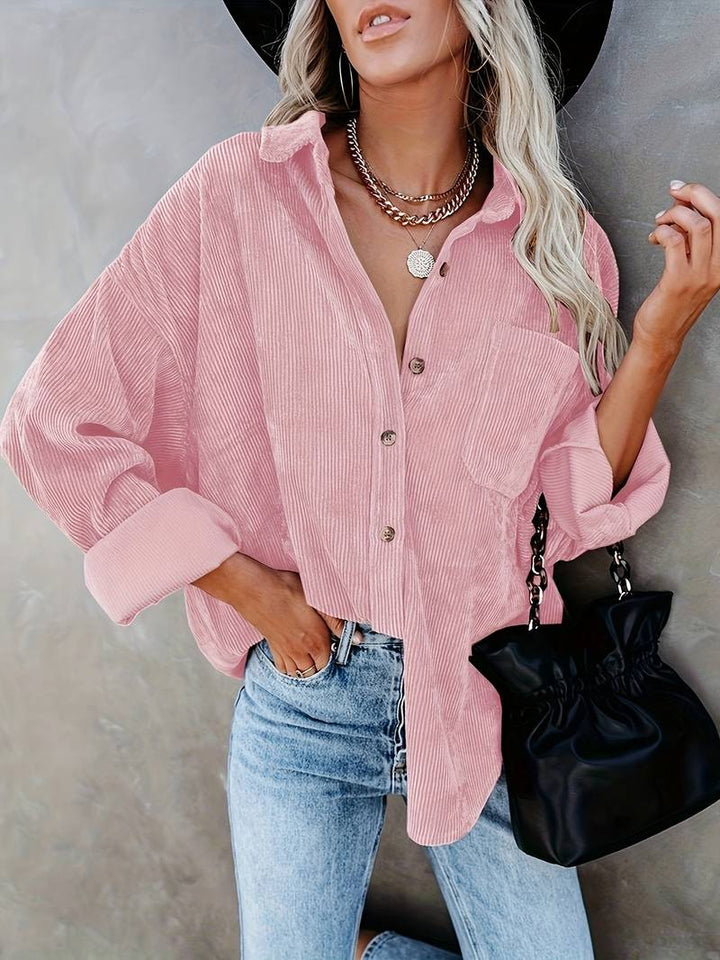 Women’s Corduroy Shirt - Oversized Fit - Long Sleeve Button-Up - Casual Ribbed Texture