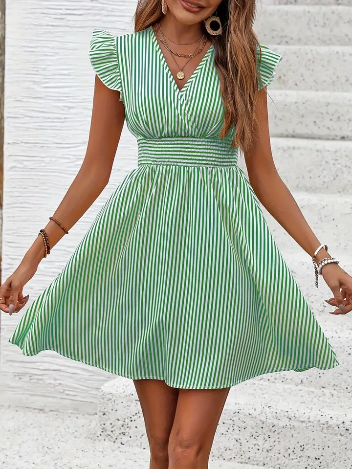 Women's A-Line Dress - Striped Pattern - V-Neck - Ruffled Cap Sleeves - Fitted Waist