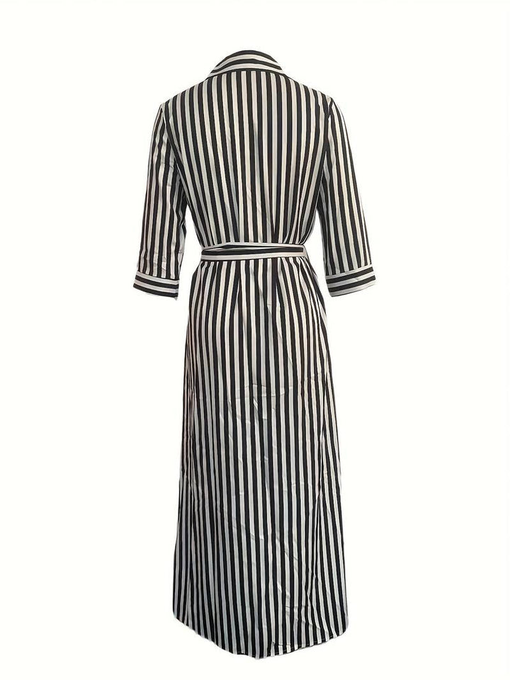 Women's Maxi Dress - Button Down - 3/4 Sleeve - Waist Tie - Front Slit - Striped