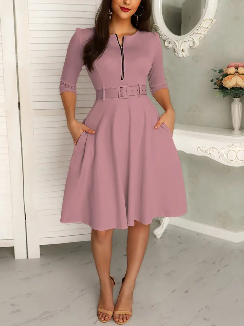 Women's Knee-Length Dress - Fit and Flare - 3/4 Sleeve - Zippered Neckline - Belted