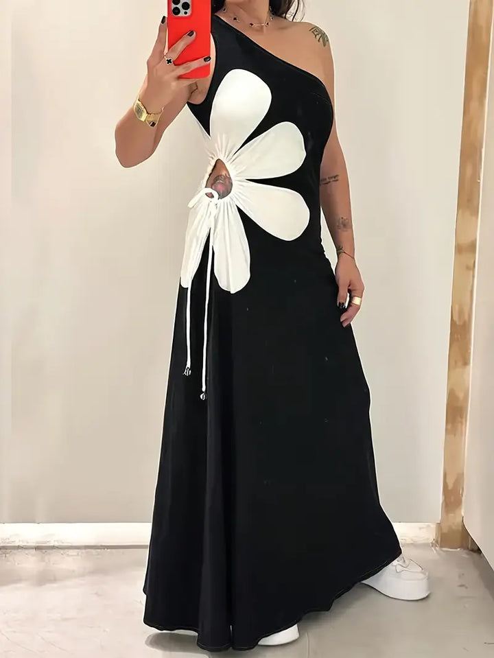 Women's Midi Dress - One-Shoulder Asymmetrical Fit - Floral Print - Cut-Out Detail