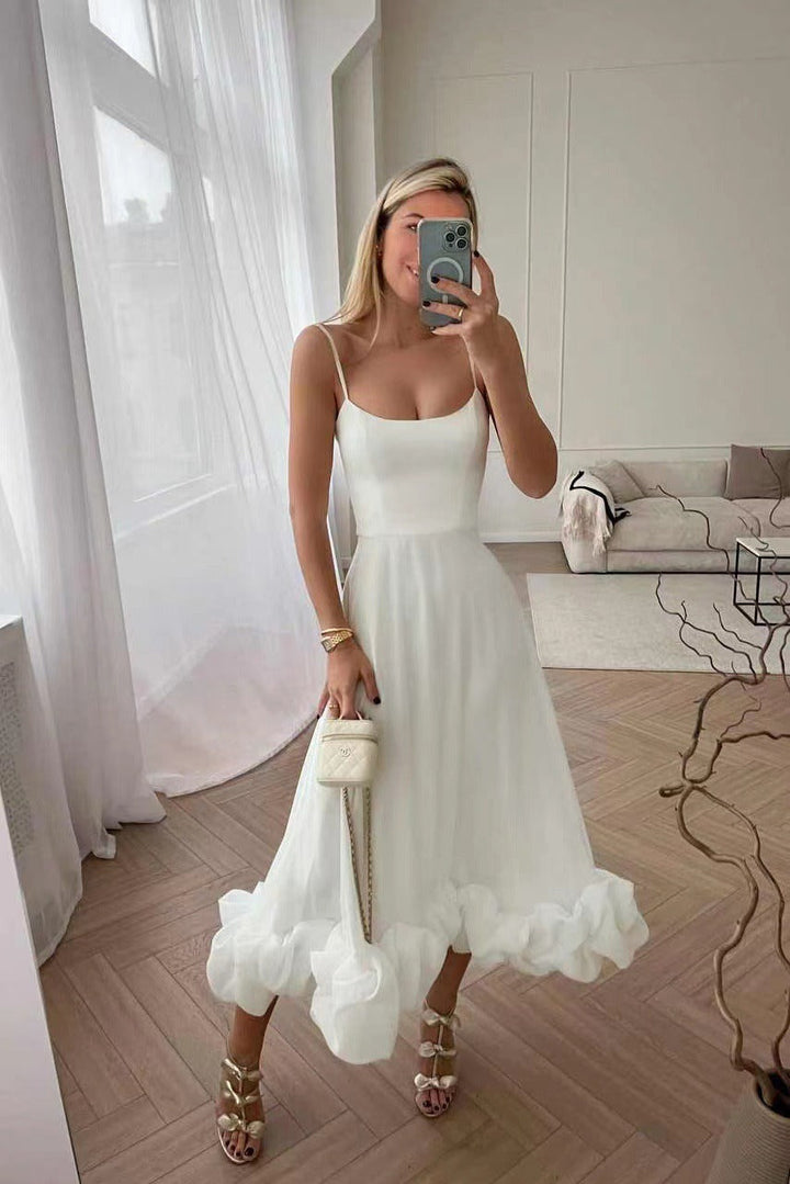 Women's Evening Dress - Spaghetti Straps - A-Line Silhouette - Ruffled Hem Elegant Look