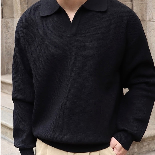 Men’s Knit Pullover Top – Relaxed Fit – Waffle Texture – Buttonless V-Collar – Long Sleeve