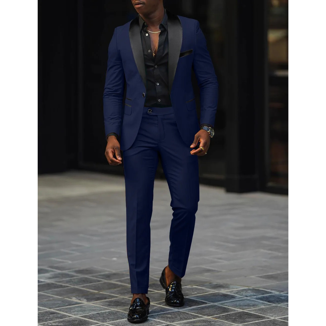 Men’s Slim Fit Suit – Tailored Two-Piece Set – Satin Shawl Lapel – Formal Wool Blend
