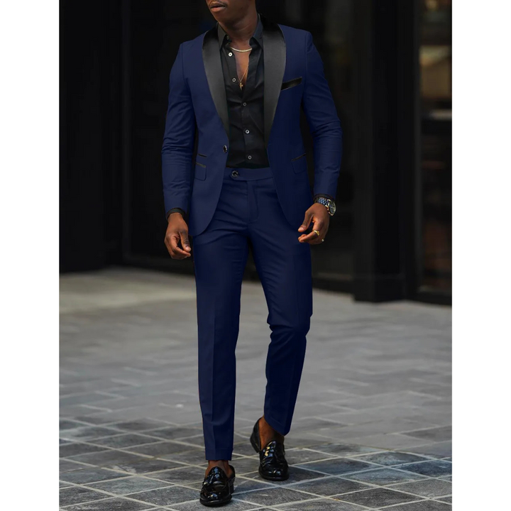 Men’s Slim Fit Suit – Tailored Two-Piece Set – Satin Shawl Lapel – Formal Wool Blend