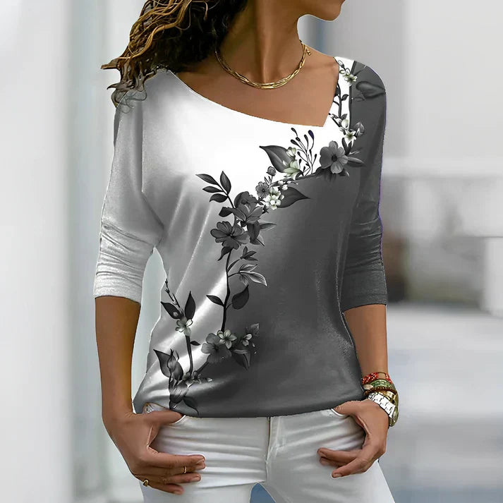Women's Off-Shoulder Blouse - Asymmetrical Fit - 3/4 Sleeve Floral Print Casual Wear