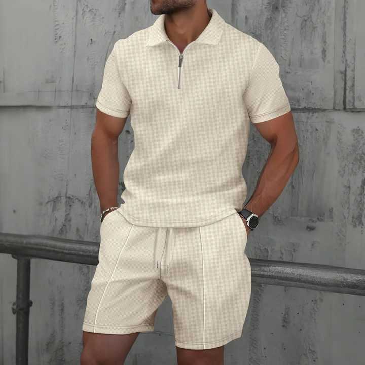Men’s Co-ord Set – Slim Fit – Soft Knit – Zip Neck Polo – Mid-Thigh Shorts – Casual Wear