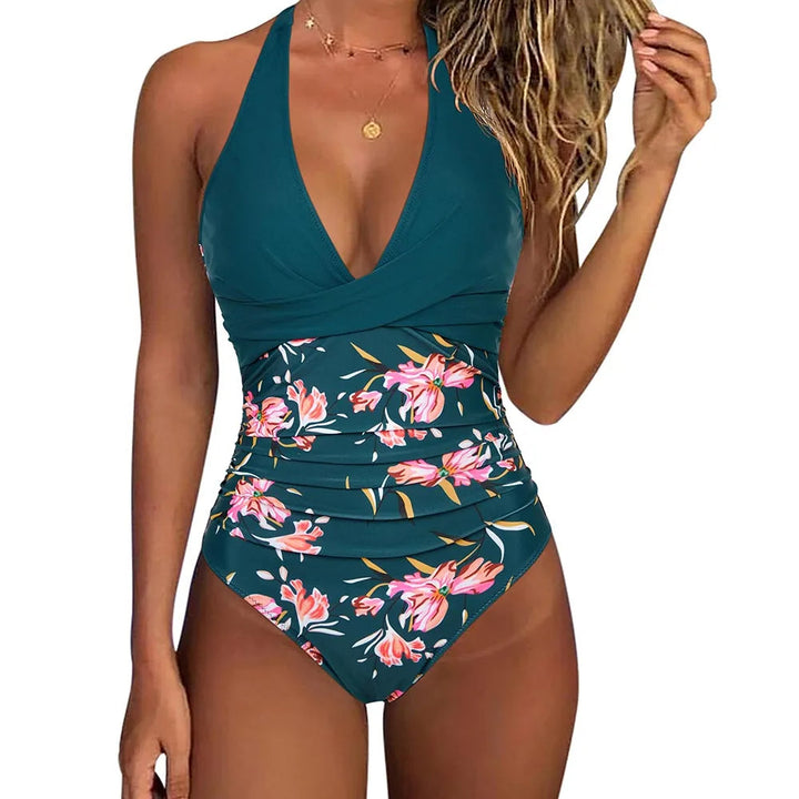 Women's One-Piece Swimsuit - Halter Neck - Plunging V-Neck - Ruched Waist - Tropical Print