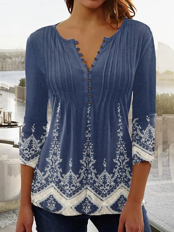 Women’s Top – Relaxed Fit – V-Neck with Buttons – 3/4 Sleeve – Breathable Blend