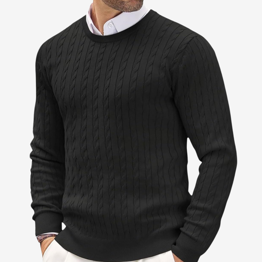 Men’s Sweater - 100% Cashmere - Tailored Fit - Crew Neck Cable Knit Long Sleeve