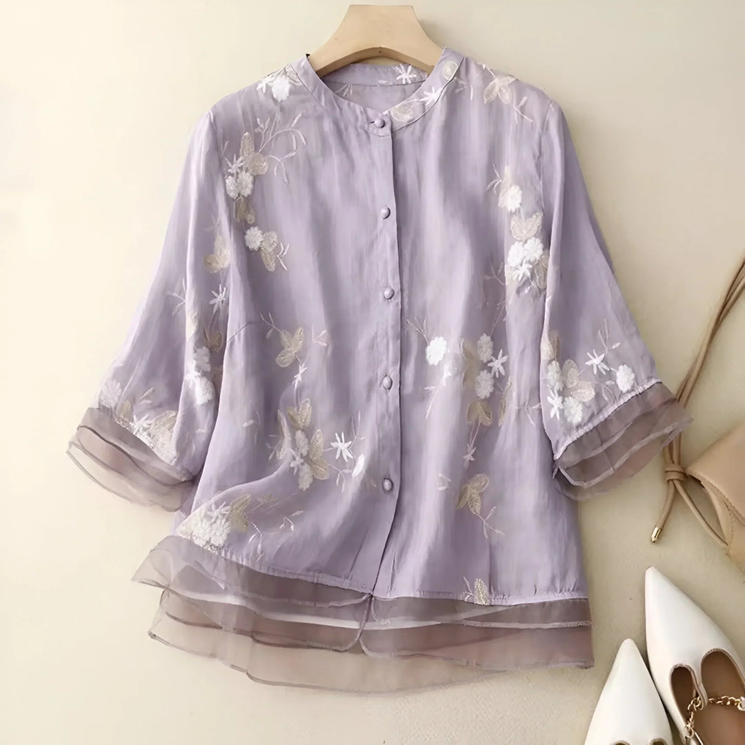 Women’s Blouse – Relaxed Fit – Embroidered Detail – Button-Down – 3/4 Sleeve – Layered Hem