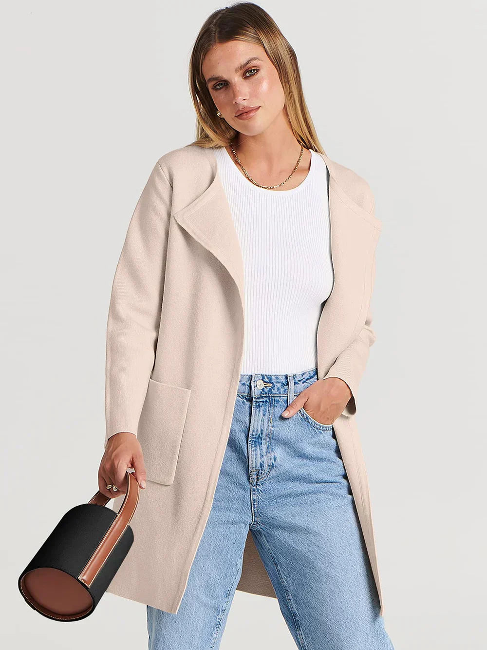 Women’s Knee-Length Coat - Wool Blend - Relaxed Fit - Wide Lapel Minimalist Design