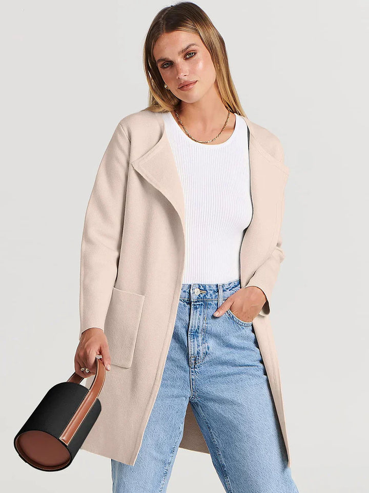 Women’s Knee-Length Coat - Wool Blend - Relaxed Fit - Wide Lapel Minimalist Design