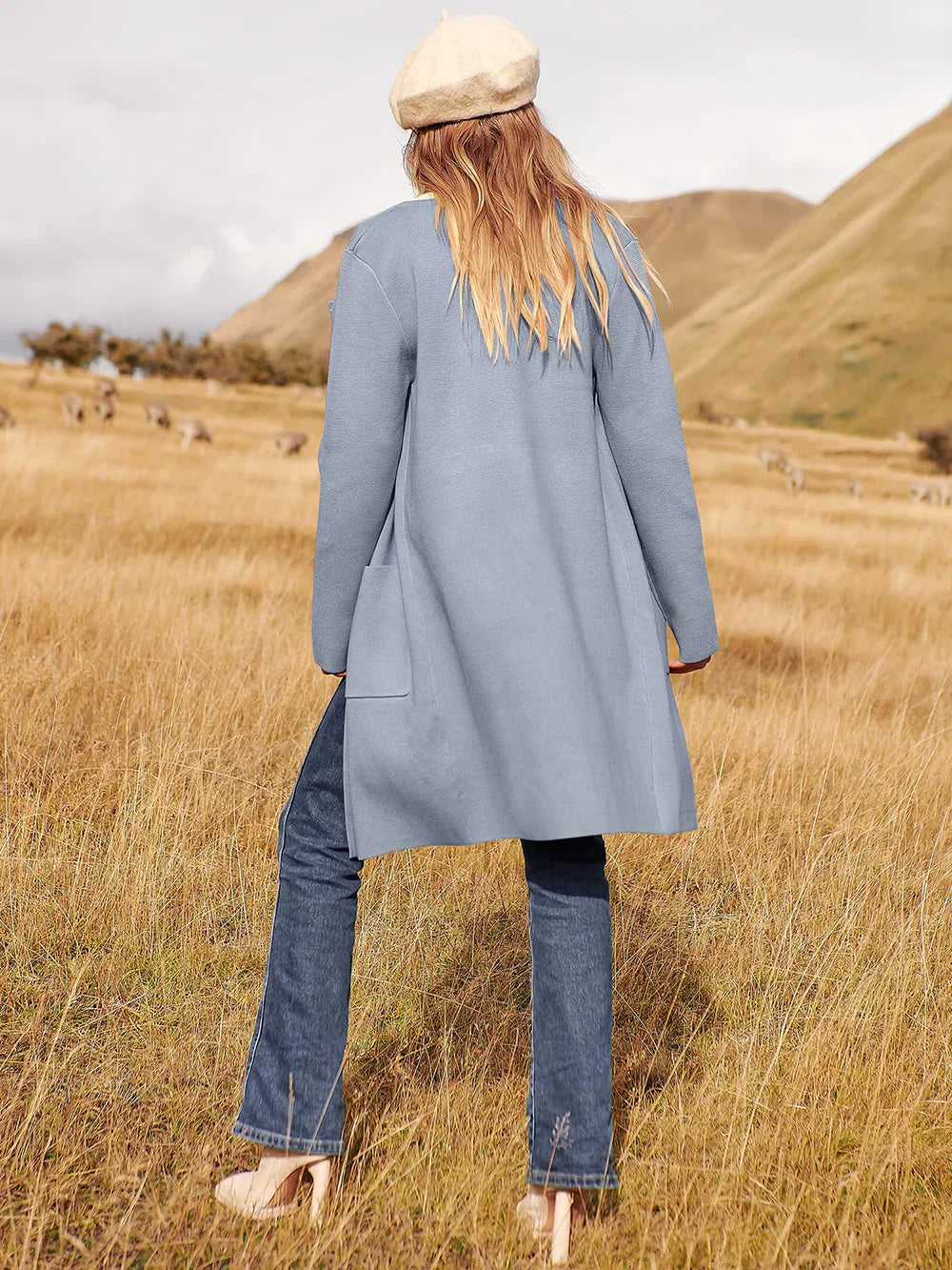Women’s Knee-Length Coat - Wool Blend - Relaxed Fit - Wide Lapel Minimalist Design
