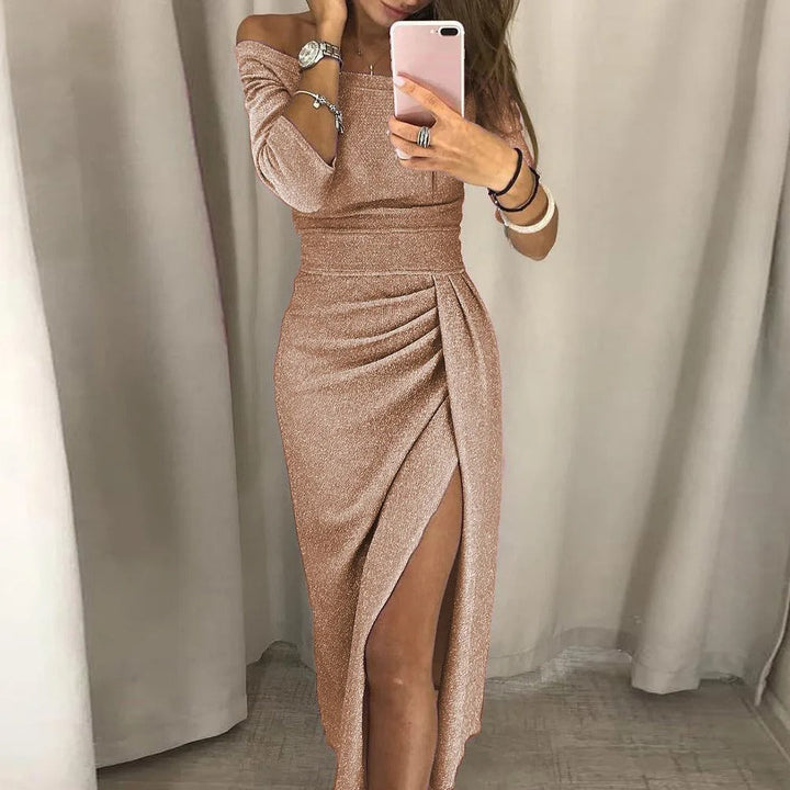 Women's Off-Shoulder Bodycon Dress - Glittery Metallic Finish - Three-Quarter Sleeves - High Slit