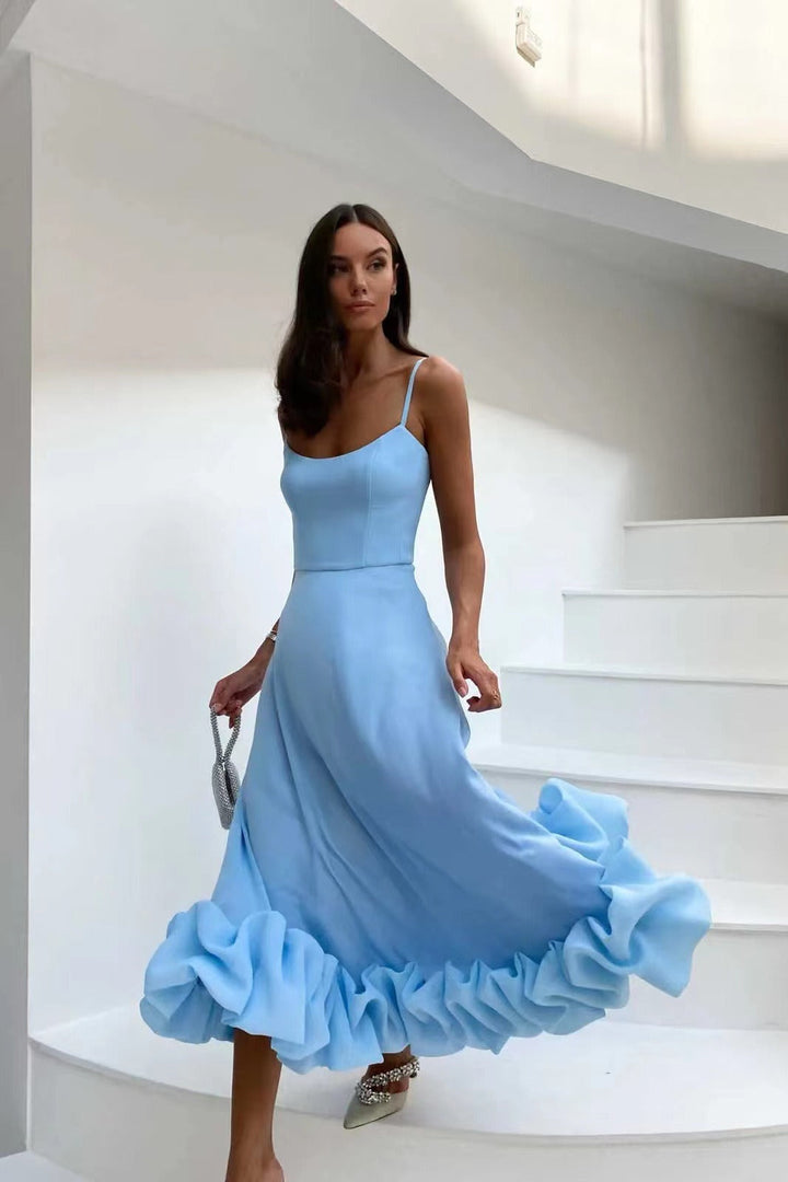 Women's Evening Dress - Spaghetti Straps - A-Line Silhouette - Ruffled Hem Elegant Look