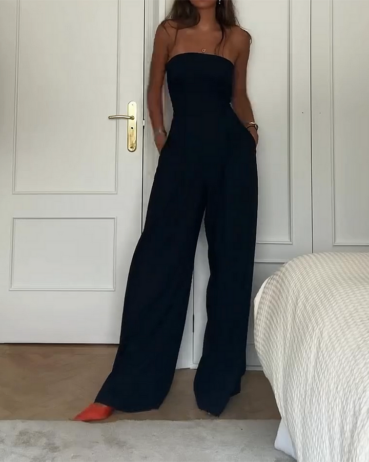 Women's Strapless Jumpsuit - Fitted Bodice - Wide-Leg - Lightweight Casual Wear