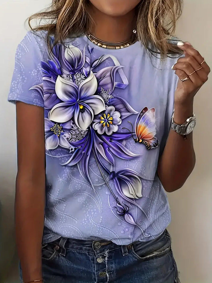 Women's Graphic T-Shirt - Floral Print - Round Neck - Short Sleeve Casual Wear