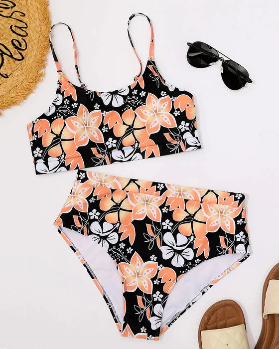 Women’s Bikini Set - High Waisted - Tank Top - Floral Print - Breathable Blend
