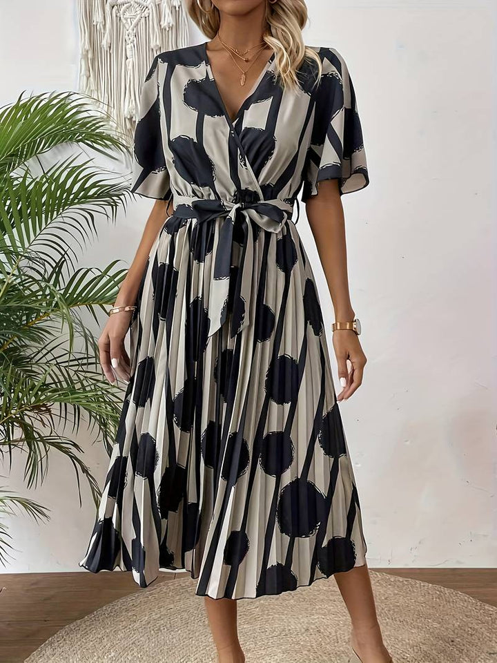Women's Midi Dress - Polka Dot Print - V-Neck Wrap Style - Belted Waist - Pleated Skirt