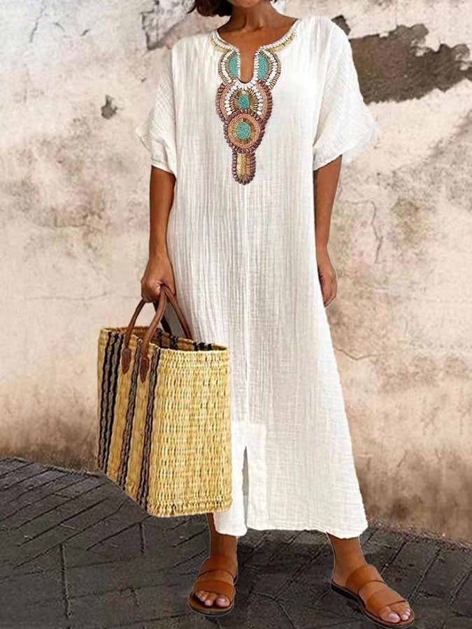 Women’s Kaftan Dress – Relaxed Fit – Embroidered Neckline – Breathable Blend Fabric
