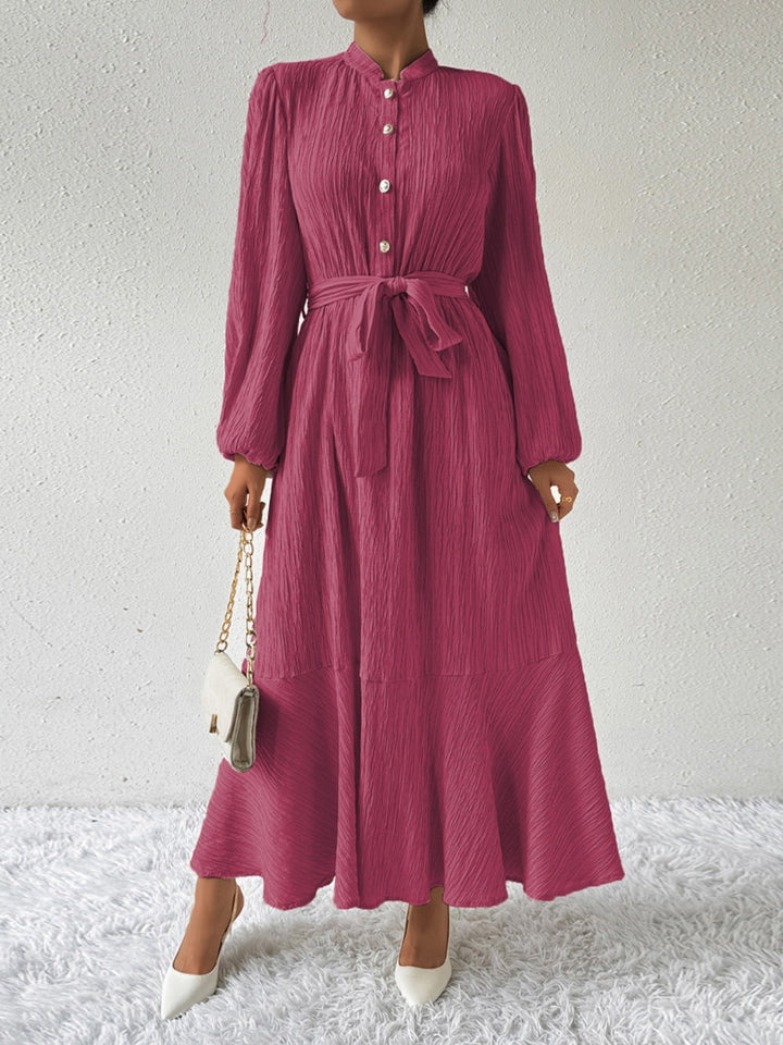 Women's Maxi Dress - Pleated Texture - Long Sleeve High Neck - Waist Tie Elegant Fit